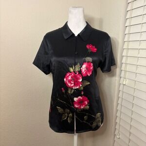 Xiunian M/L 100% silk satin black pink floral fitted button up short sleeve  top